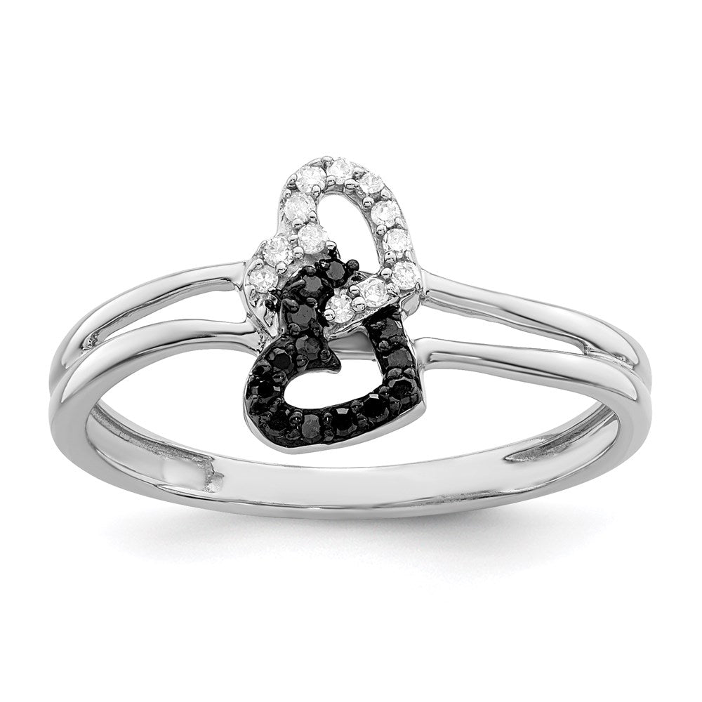 Sterlingsilber Weiß Nacht Rhodiniert Schwarz und Diamant Doppelt Herz Ring