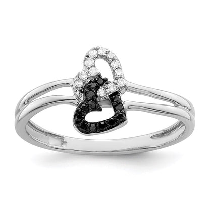 Sterlingsilber Weiß Nacht Rhodiniert Schwarz und Diamant Doppelt Herz Ring