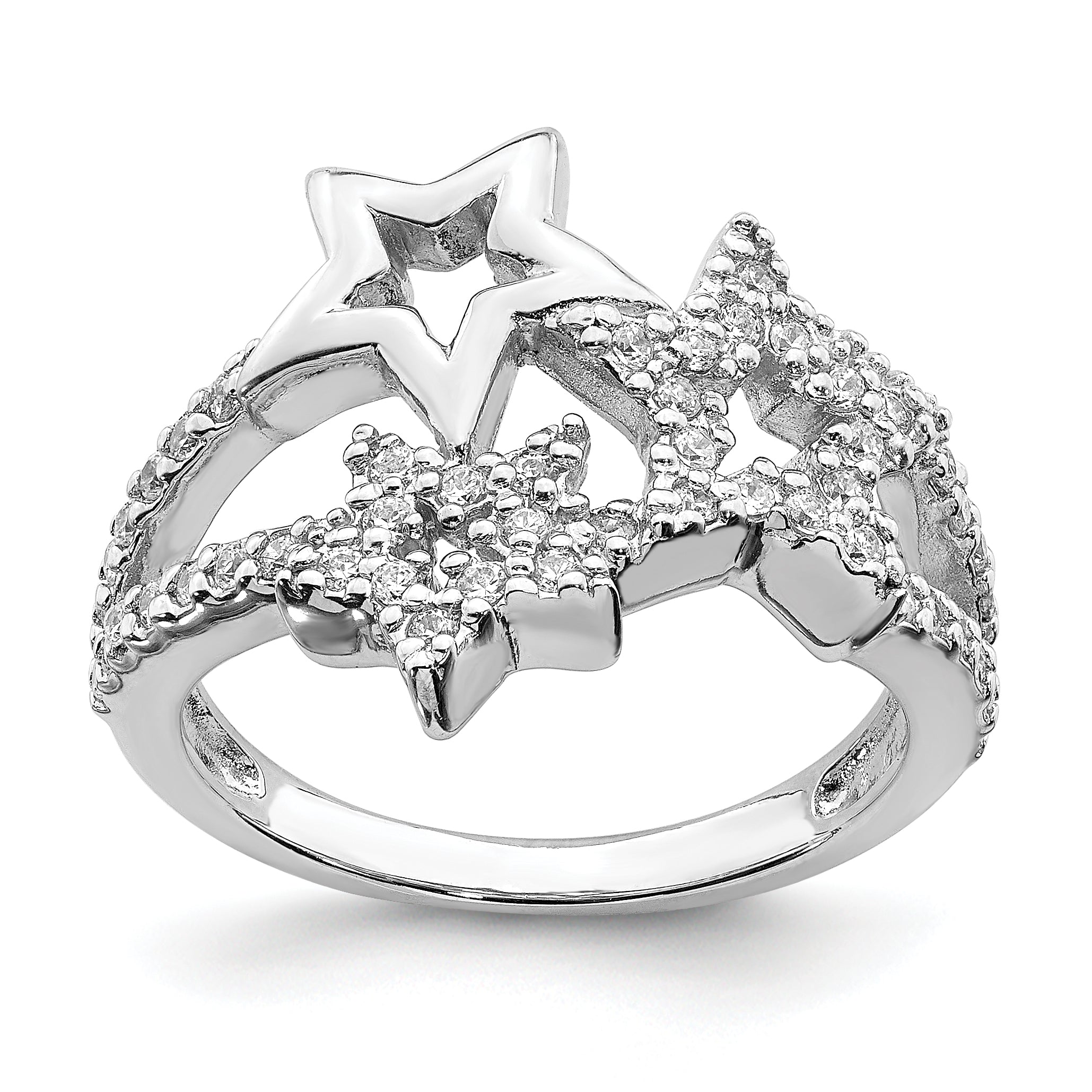 Sterlingsilber Rhodiniert Zirkonia Dreifach Stern Ring