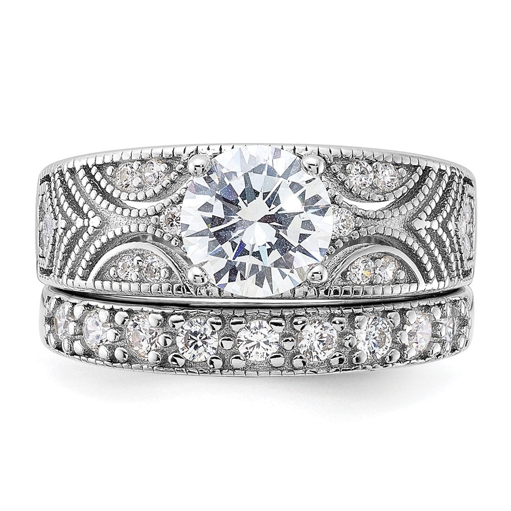 Sterlingsilber Rhodiniert Rund Zirkonia Mittig Hochzeit Ring Set (size 6 Nur)