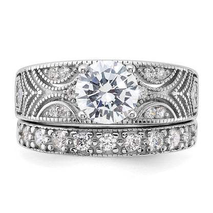 Sterlingsilber Rhodiniert Rund Zirkonia Mittig Hochzeit Ring Set (size 6 Nur)