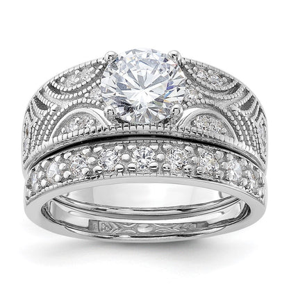 Sterlingsilber Rhodiniert Rund Zirkonia Mittig Hochzeit Ring Set (size 6 Nur)