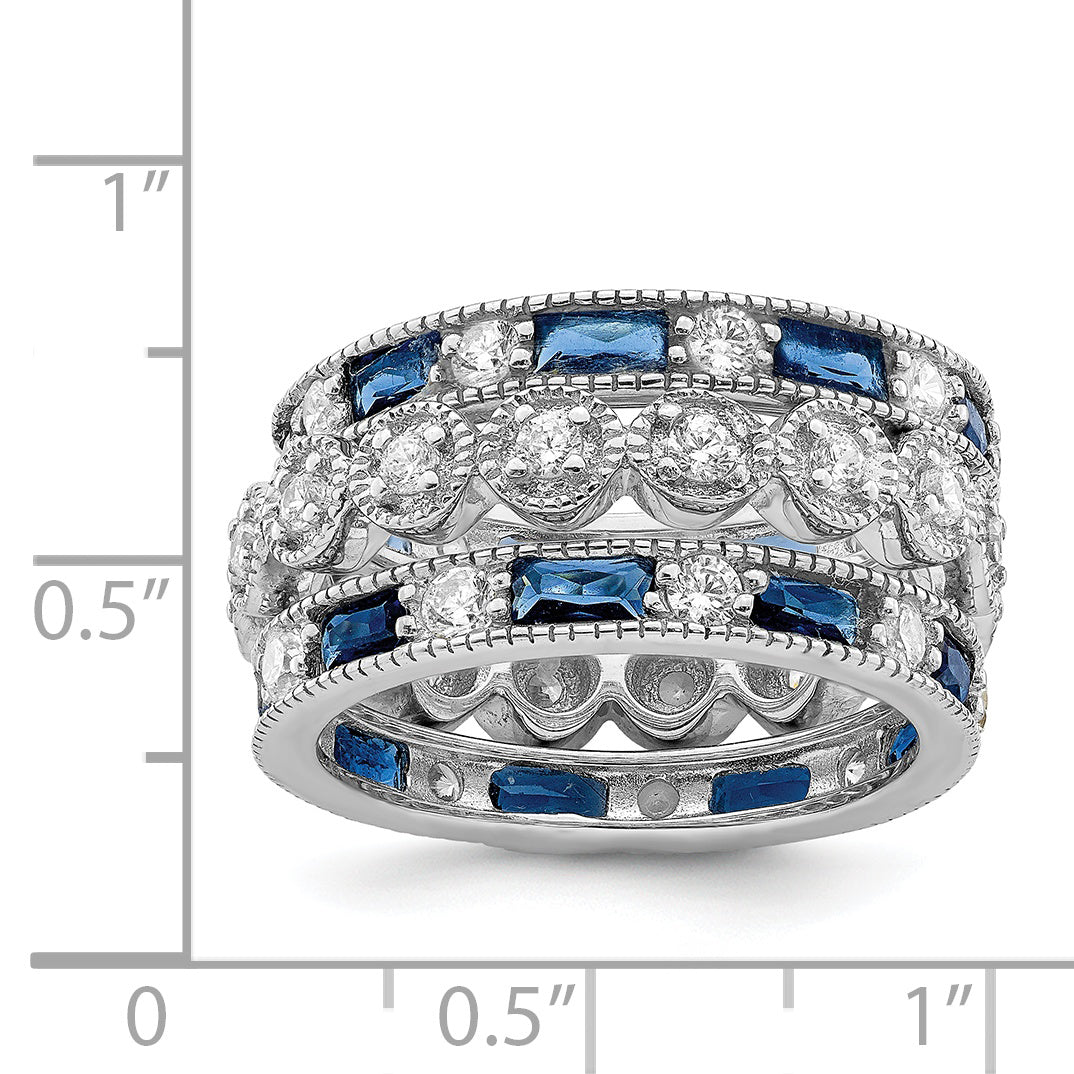Sterlingsilber Rhodiniert Dreifach Ring Blau/white/clear Kreis Mittig Ring