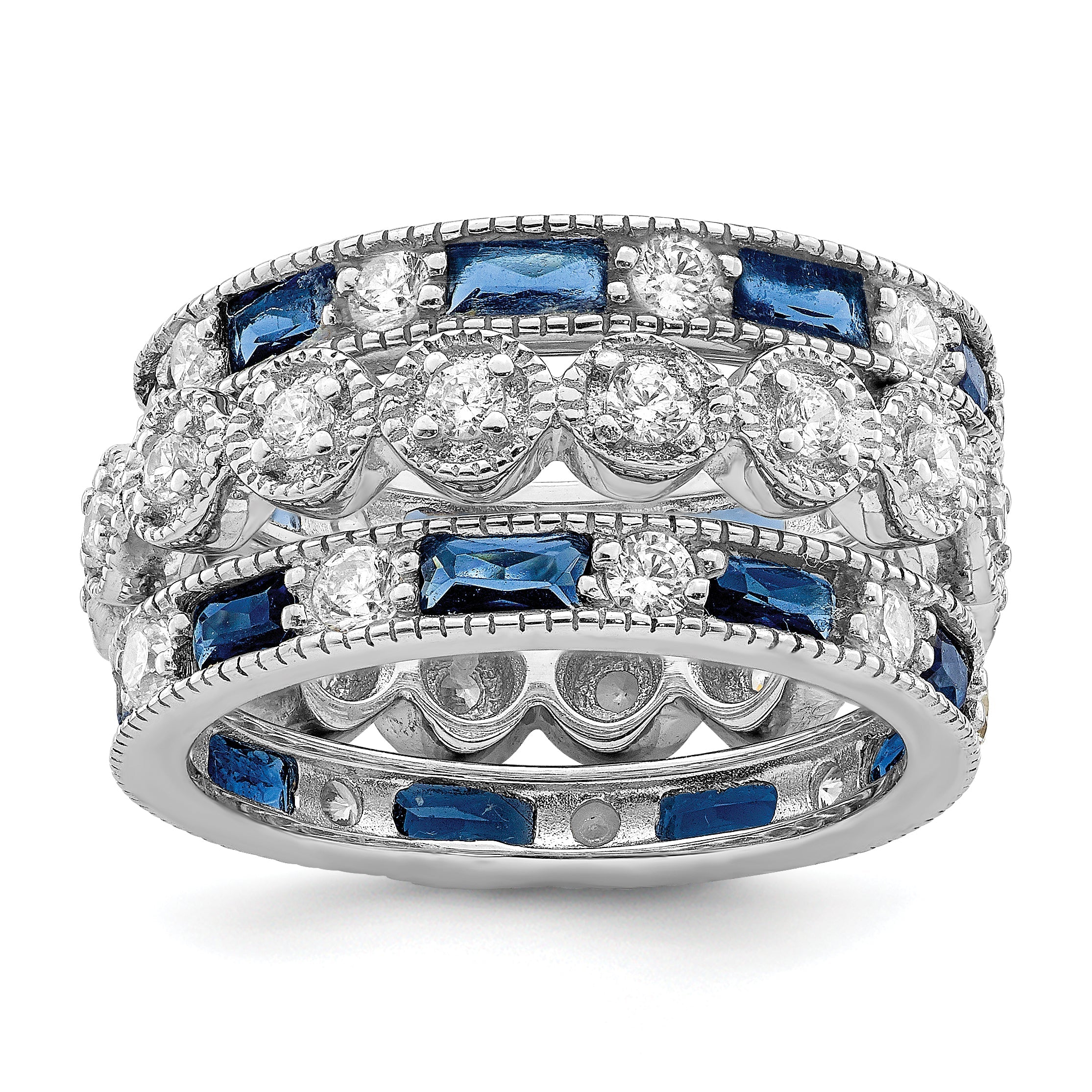 Sterlingsilber Rhodiniert Dreifach Ring Blau/white/clear Kreis Mittig Ring