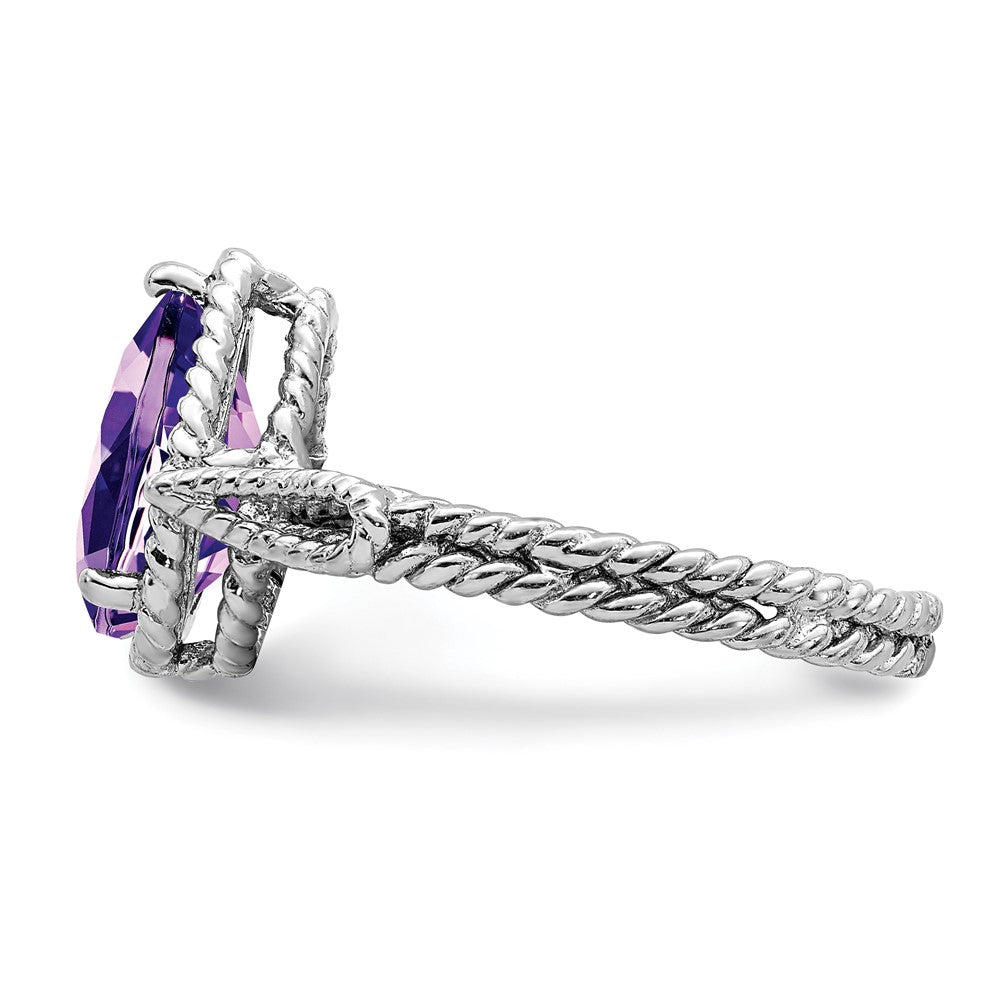 Sterlingsilber Rhodiniert Amethyst Tropfen Gedreht Ring (size 8 Nur)