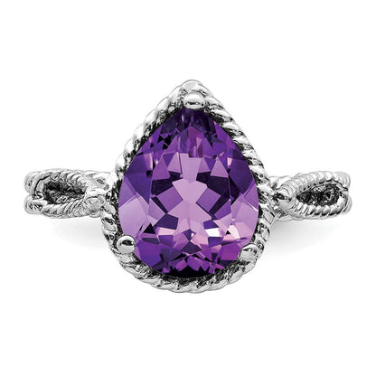 Sterlingsilber Rhodiniert Amethyst Tropfen Gedreht Ring (size 8 Nur)
