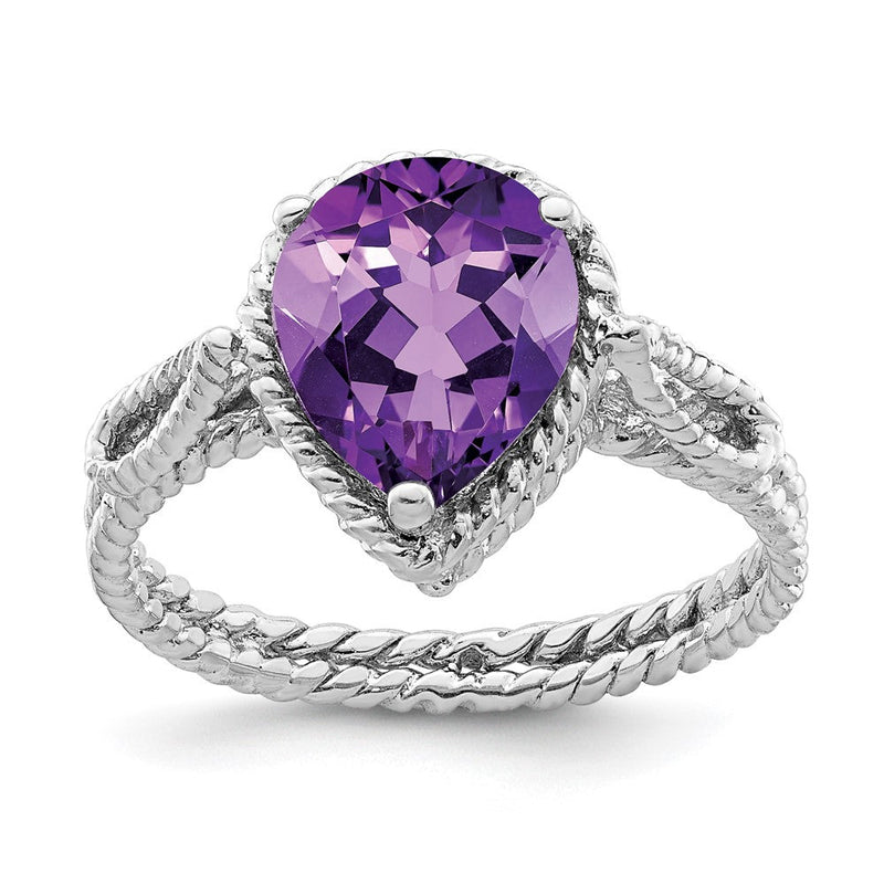 Sterlingsilber Rhodiniert Amethyst Tropfen Gedreht Ring (size 8 Nur)