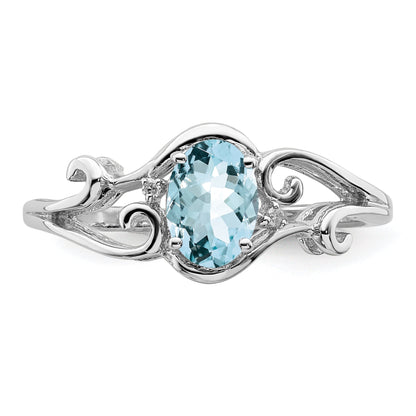 Sterlingsilber Rhodiniert Diamant & Aquamarin Oval Ring
