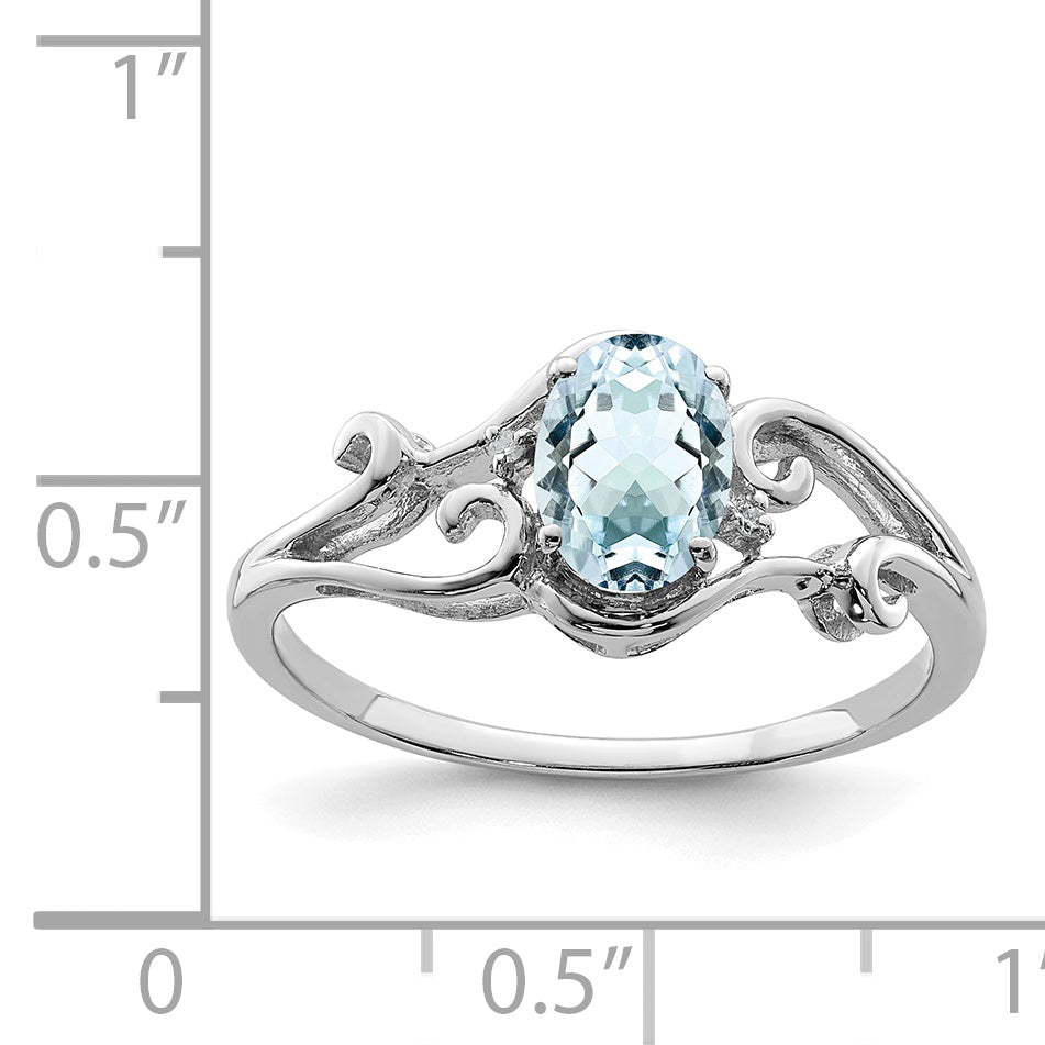 Sterlingsilber Rhodiniert Diamant & Aquamarin Oval Ring