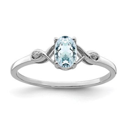 Sterlingsilber Rhodiniert Diamant und Aquamarin Oval Ring