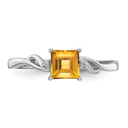 Sterlingsilber Rhodiniert Diamant & Citrin Quadratisch Ring