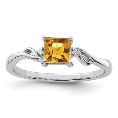 Sterlingsilber Rhodiniert Diamant & Citrin Quadratisch Ring