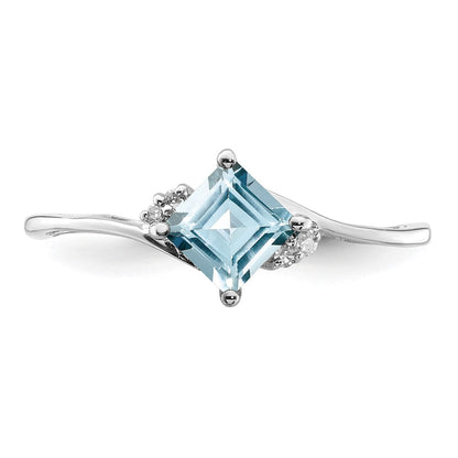 Sterlingsilber Rhodiniert Diamant & Aquamarin Quadratisch Ring