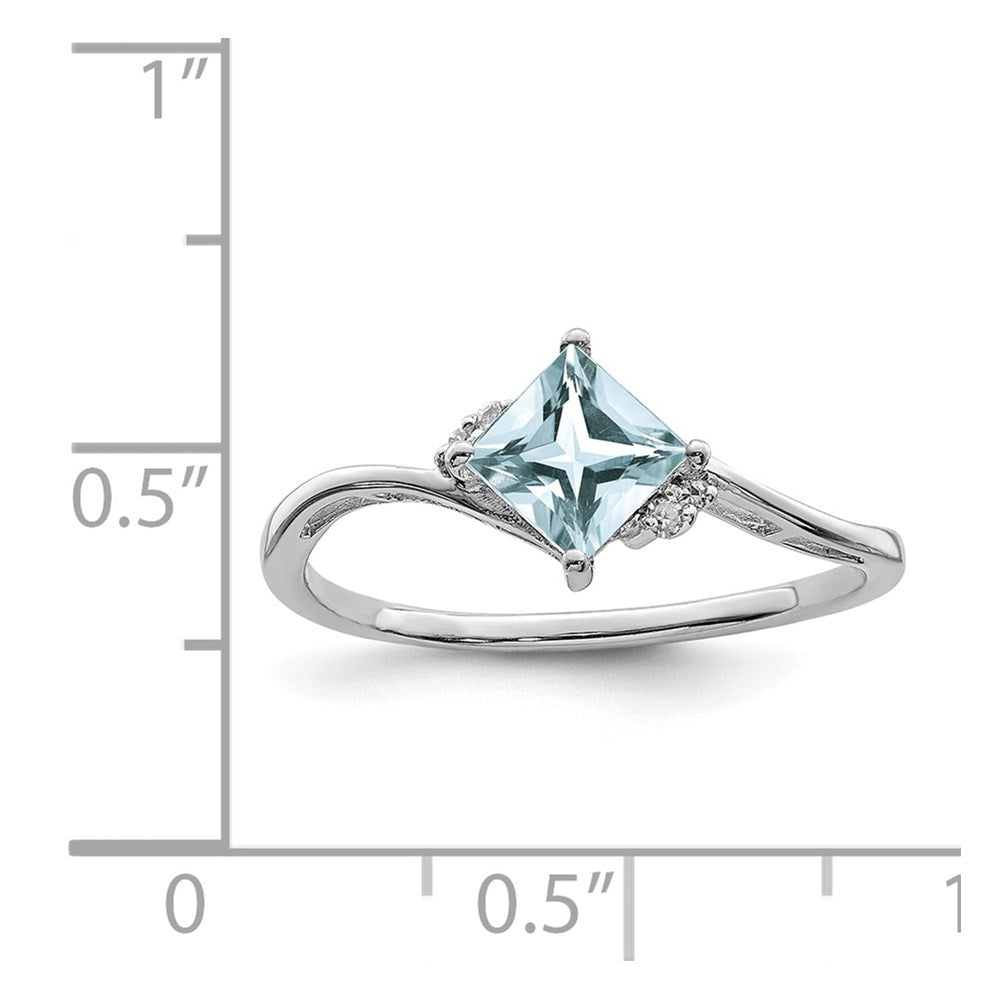 Sterlingsilber Rhodiniert Diamant & Aquamarin Quadratisch Ring