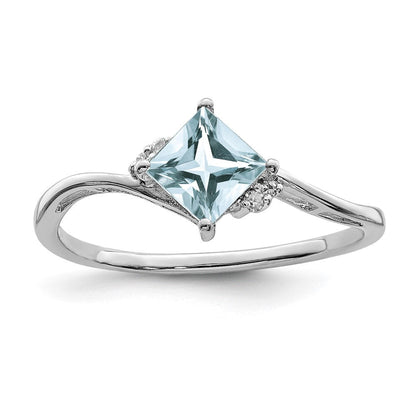 Sterlingsilber Rhodiniert Diamant & Aquamarin Quadratisch Ring