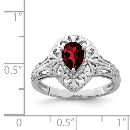Sterlingsilber Rhodiniert Granat Tropfen Ring