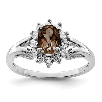 Sterlingsilber Rhodium Diamant & Rauch Quarz Ring