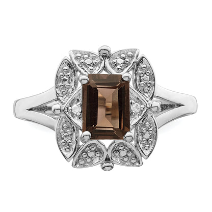 Sterlingsilber Rhodium Diamant & Rauch Quarz Ring