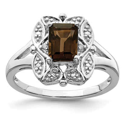 Sterlingsilber Rhodium Diamant & Rauch Quarz Ring