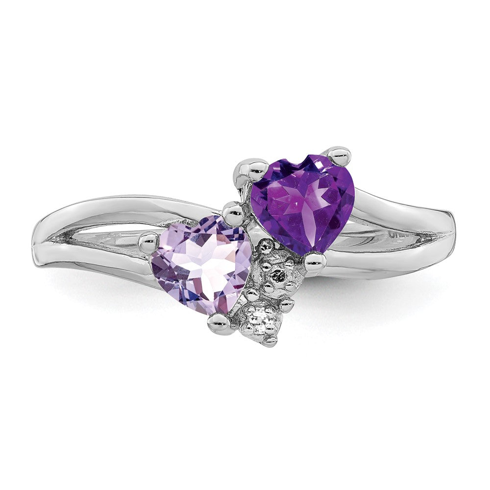 Sterlingsilber Rhodiniert Amethyst & Rosa Quarz Diamant Ring