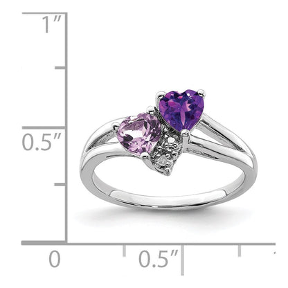 Sterlingsilber Rhodiniert Amethyst & Rosa Quarz Diamant Ring