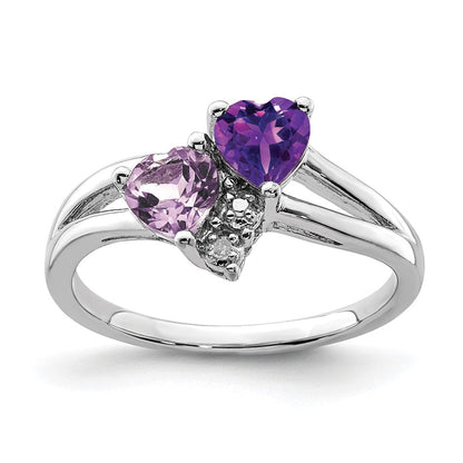 Sterlingsilber Rhodiniert Amethyst & Rosa Quarz Diamant Ring
