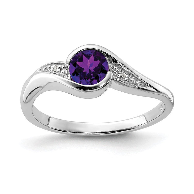 Sterlingsilber Rhodiniert Diamant und Amethyst Rund Ring