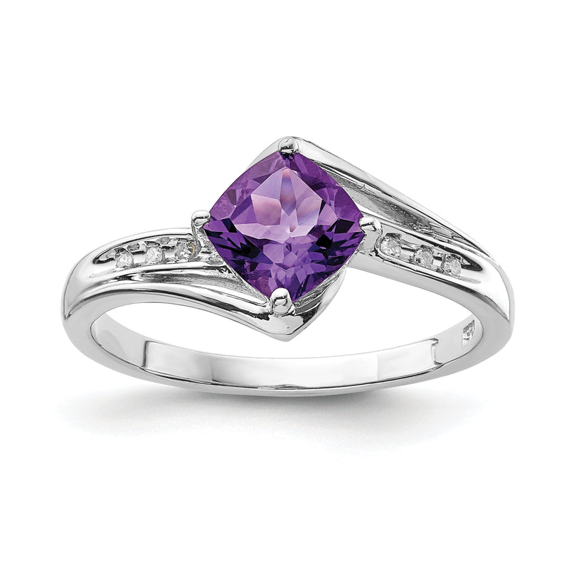 Sterlingsilber Rhodiniert Diamant und Amethyst Quadratisch Ring