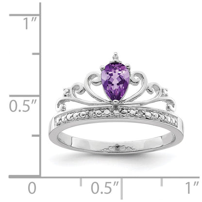 Sterlingsilber Rhodiniert Diamant & Amethyst Tropfen Ring