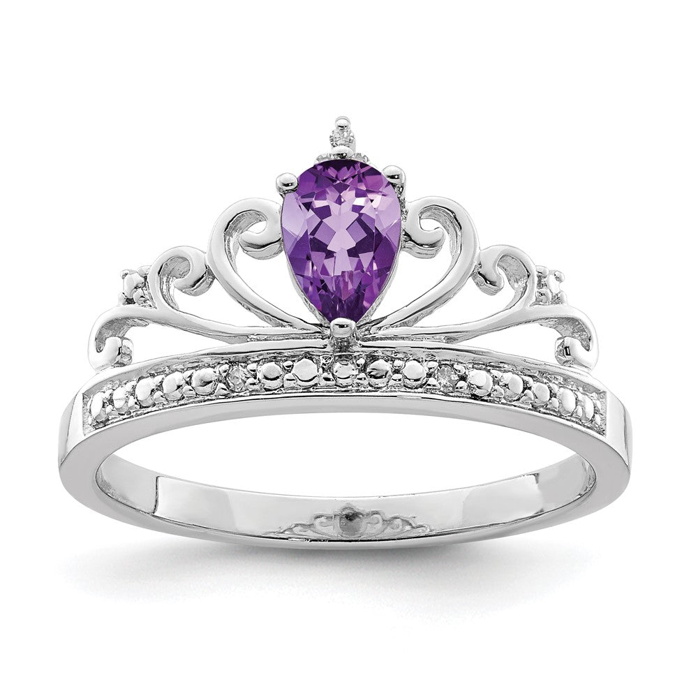 Sterlingsilber Rhodiniert Diamant & Amethyst Tropfen Ring