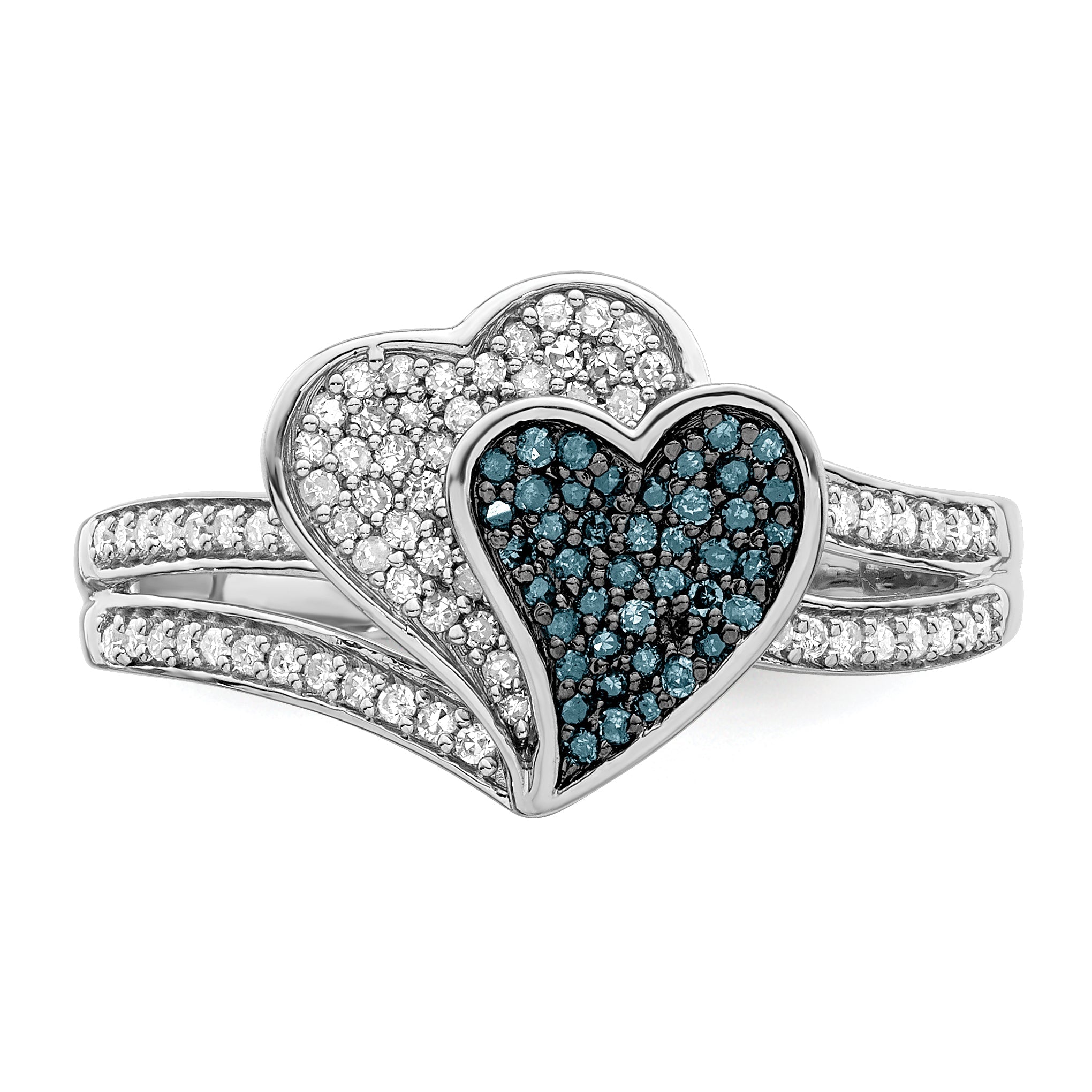 Sterlingsilber Weiß Nacht Rhodiniert Blau und Diamant Herzen Ring