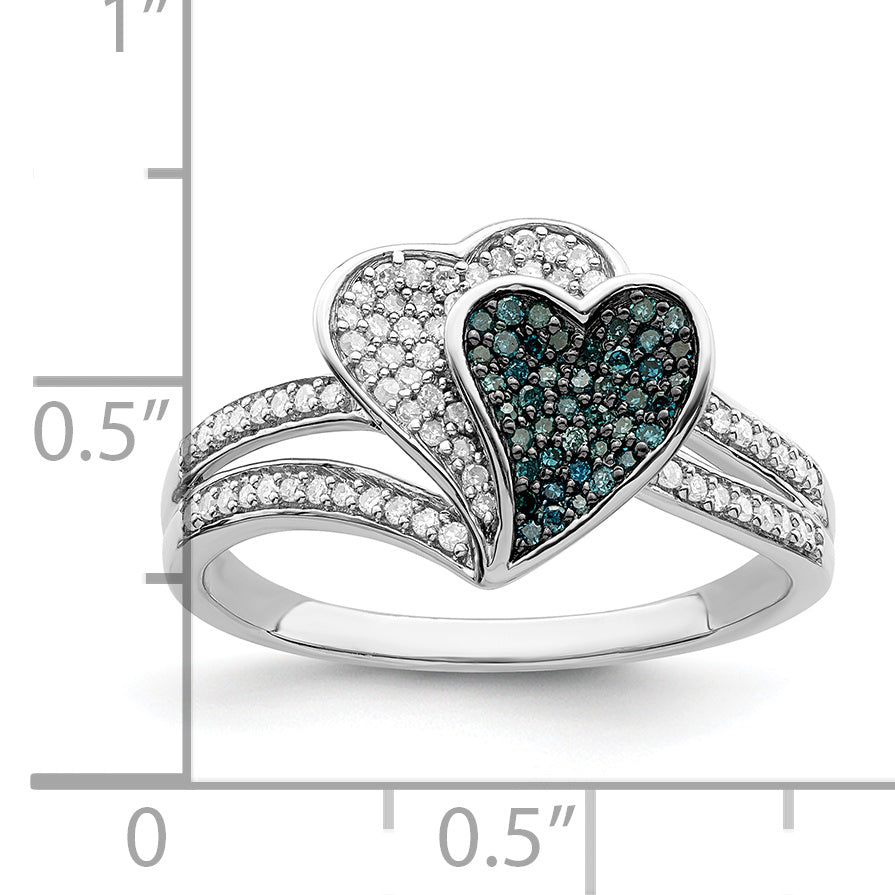Sterlingsilber Weiß Nacht Rhodiniert Blau und Diamant Herzen Ring