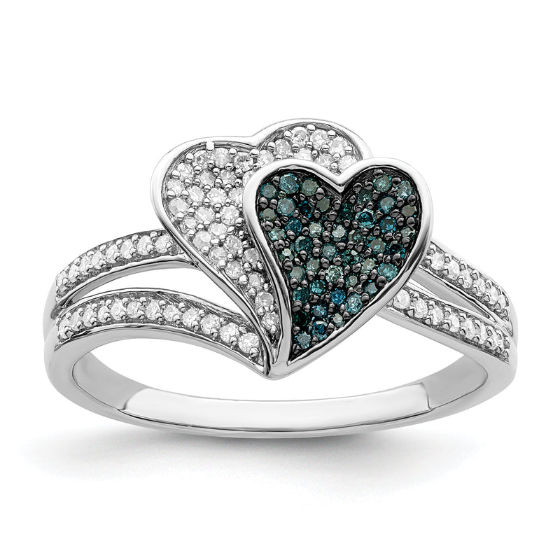 Sterlingsilber Weiß Nacht Rhodiniert Blau und Diamant Herzen Ring