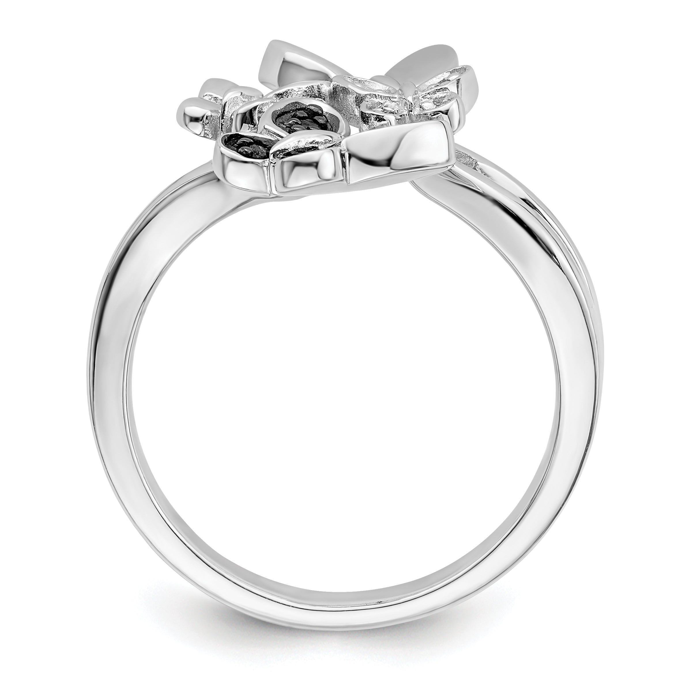 Sterlingsilber Weiß Nacht Rhodiniert und Schwarz Diamant Schmetterling Ring