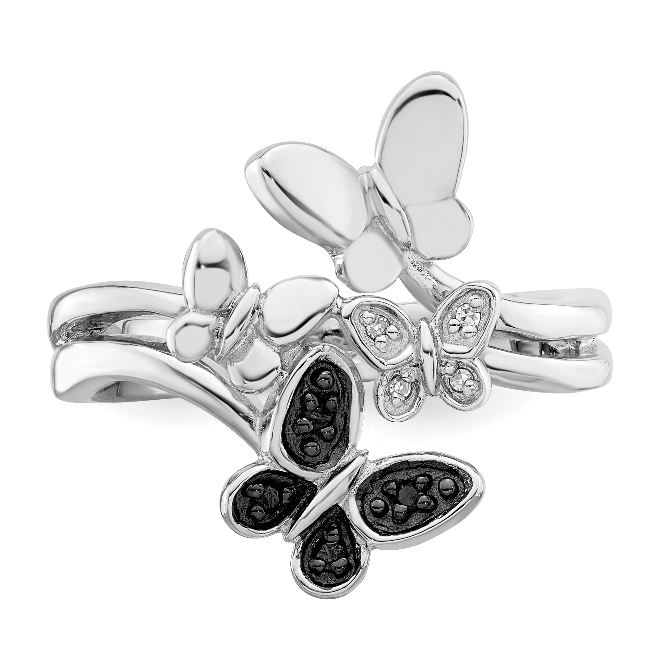 Sterlingsilber Weiß Nacht Rhodiniert und Schwarz Diamant Schmetterling Ring