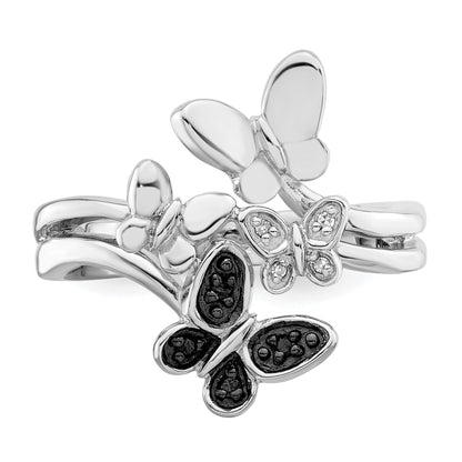 Sterlingsilber Weiß Nacht Rhodiniert und Schwarz Diamant Schmetterling Ring