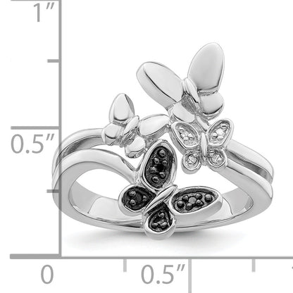 Sterlingsilber Weiß Nacht Rhodiniert und Schwarz Diamant Schmetterling Ring