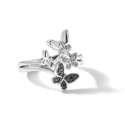 Sterlingsilber Weiß Nacht Rhodiniert und Schwarz Diamant Schmetterling Ring