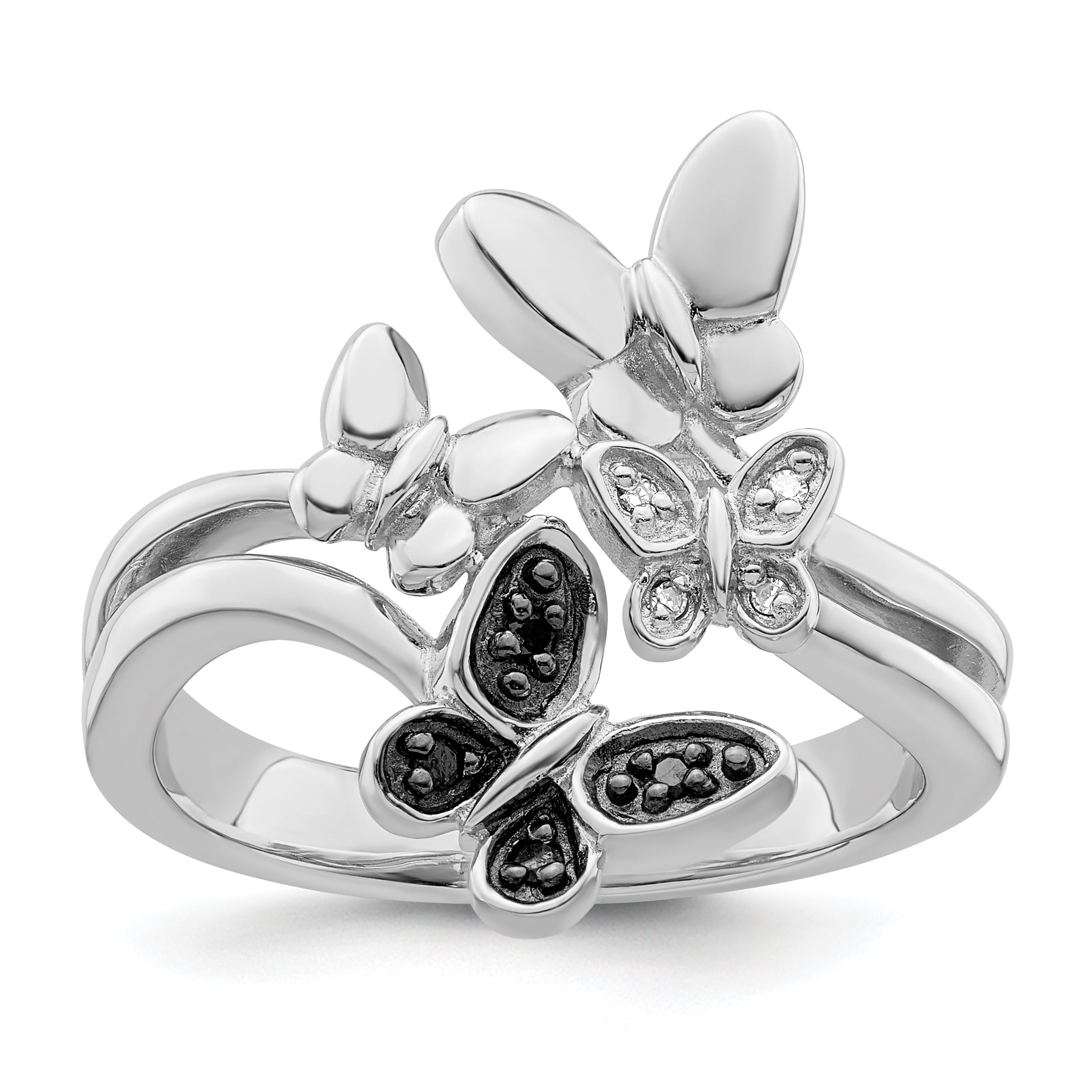 Sterlingsilber Weiß Nacht Rhodiniert und Schwarz Diamant Schmetterling Ring