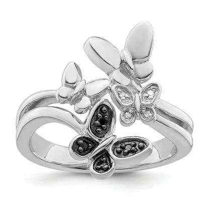 Sterlingsilber Weiß Nacht Rhodiniert und Schwarz Diamant Schmetterling Ring