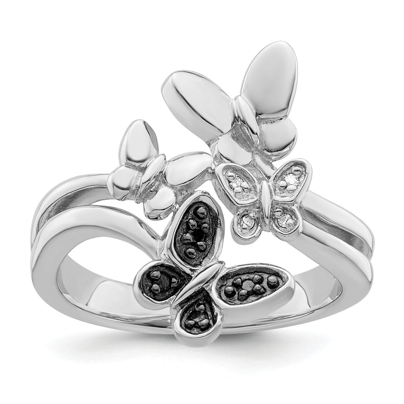 Sterlingsilber Weiß Nacht Rhodiniert und Schwarz Diamant Schmetterling Ring