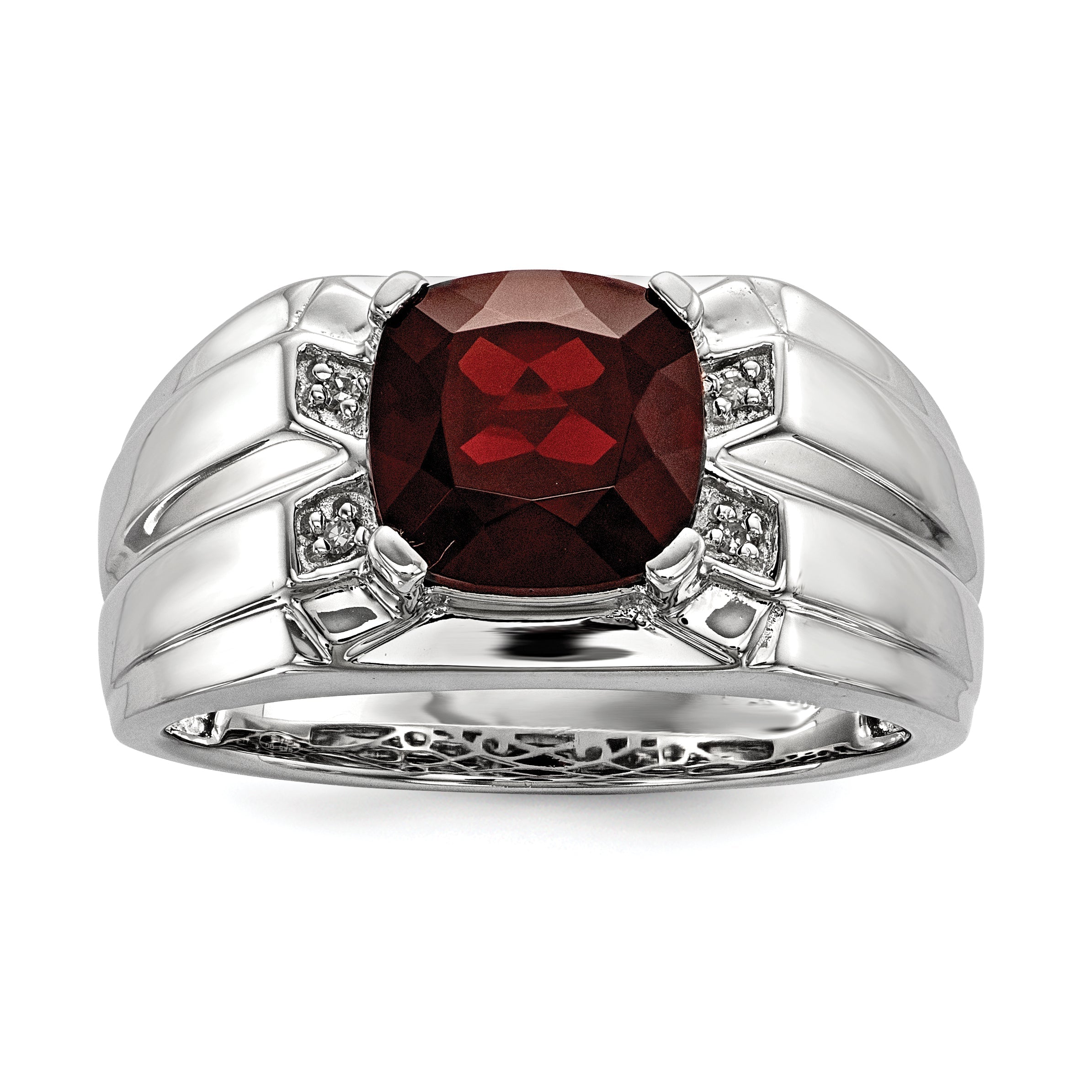 Sterlingsilber Weiß Nacht Rhodiniert Granat und Diamant Quadratisch Herren Ring