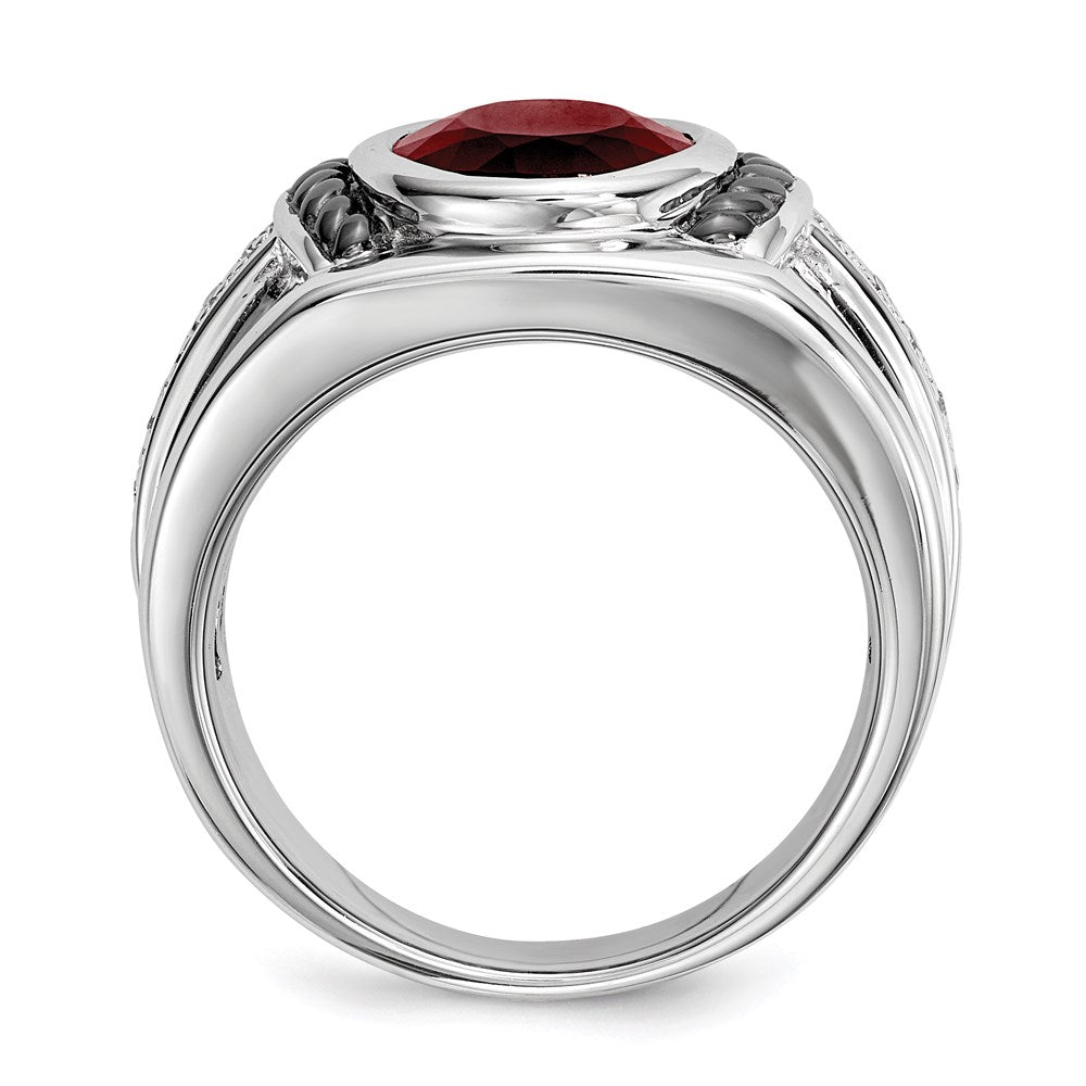 Sterlingsilber Weiß Nacht Schwarz Rhodiniert Granat und Diamant Oval Herren Ring