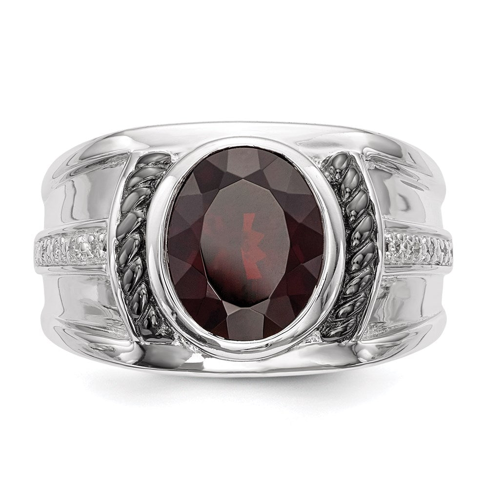 Sterlingsilber Weiß Nacht Schwarz Rhodiniert Granat und Diamant Oval Herren Ring