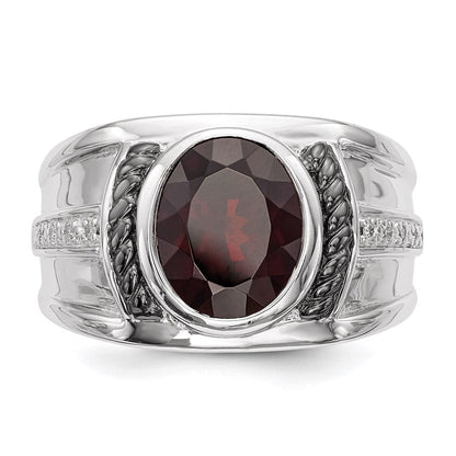 Sterlingsilber Weiß Nacht Schwarz Rhodiniert Granat und Diamant Oval Herren Ring