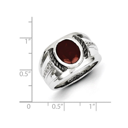 Sterlingsilber Weiß Nacht Schwarz Rhodiniert Granat und Diamant Oval Herren Ring