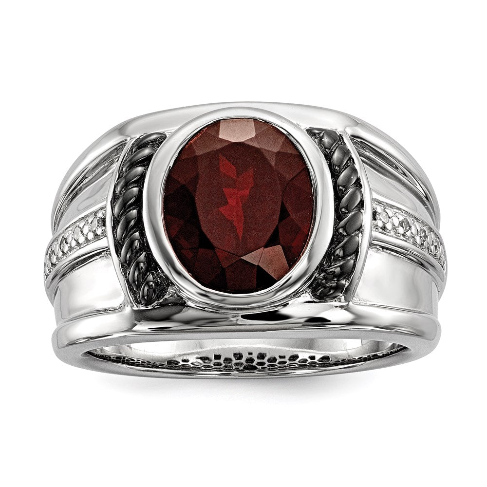 Sterlingsilber Weiß Nacht Schwarz Rhodiniert Granat und Diamant Oval Herren Ring