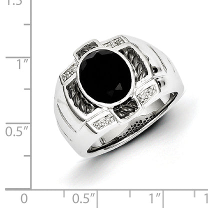 Sterlingsilber Weiß Nacht Schwarz Rhodiniert Diamant und Onyx Oval Herren Ring