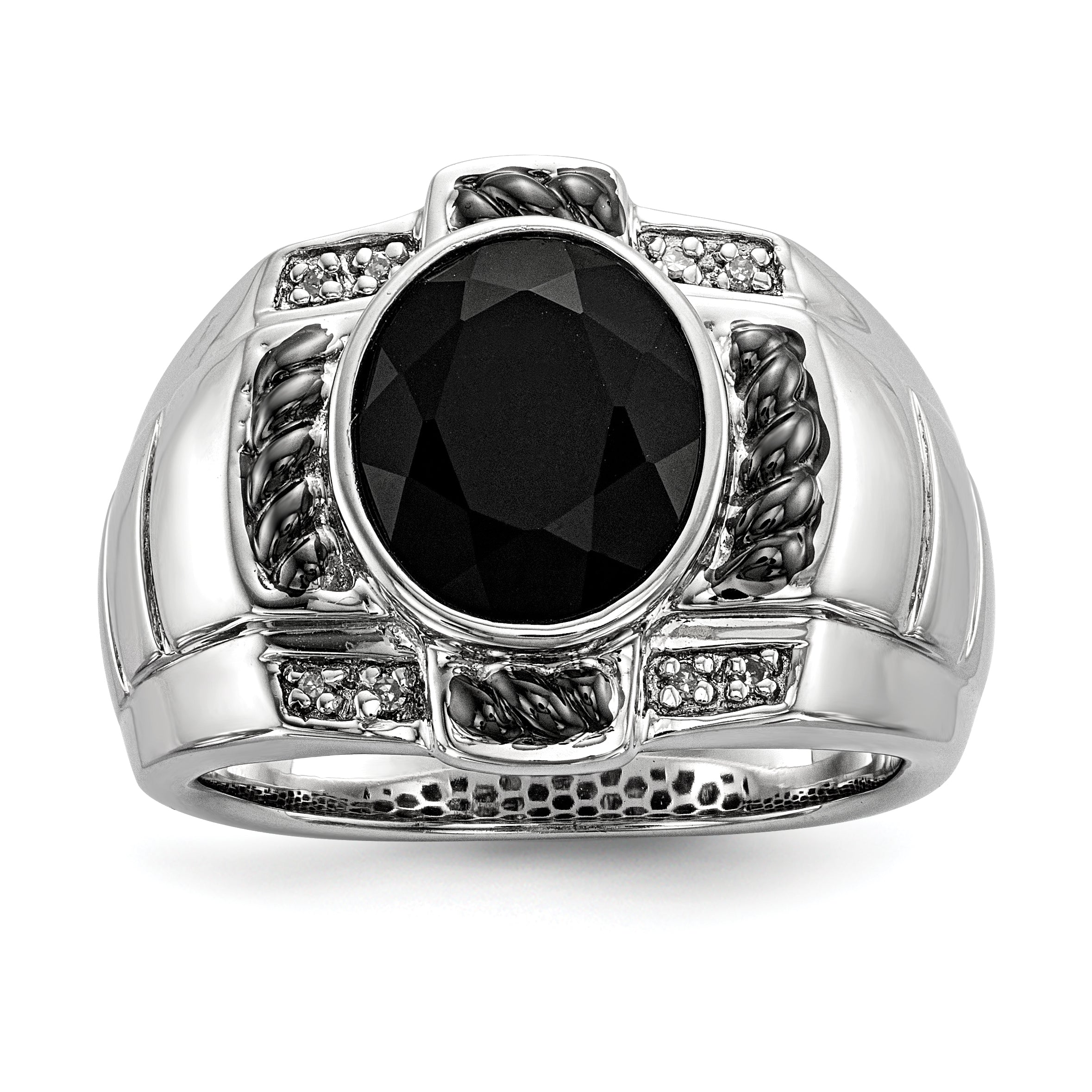 Sterlingsilber Weiß Nacht Schwarz Rhodiniert Diamant und Onyx Oval Herren Ring