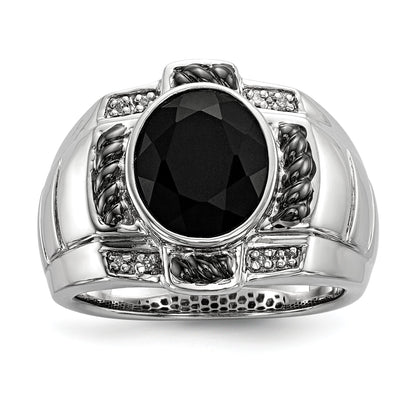Sterlingsilber Weiß Nacht Schwarz Rhodiniert Diamant und Onyx Oval Herren Ring